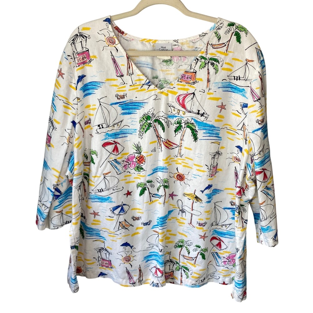 Hot Cotton Woman 2X Beach Scene‎ Tropical V-Neck 3/4 Sleeve Cotton Top White